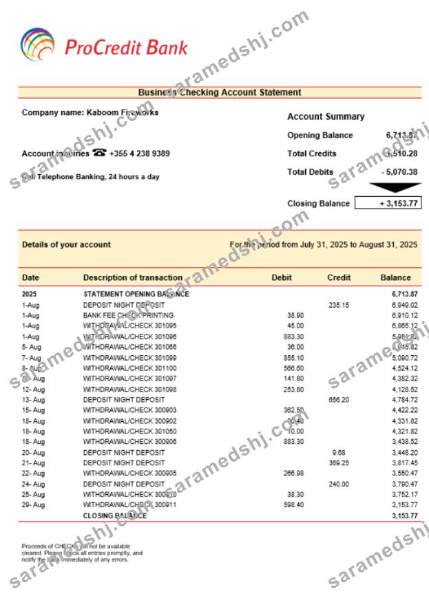 ProcreditBank company checking account statement Word and PDF template